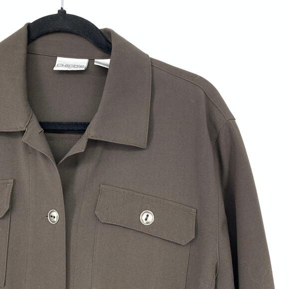 Chicos Shirt Jacket Womens Size 1 US M Brown Long Sleeve Pockets - Picture 3 of 5